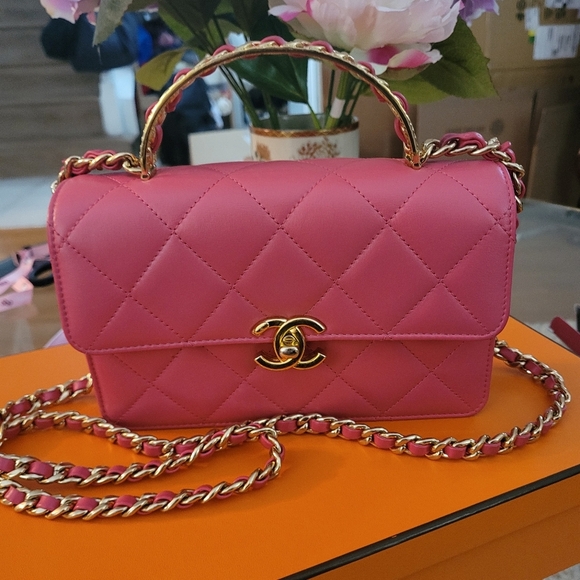 CHANEL Pink Lambskin Mini Flap Bag w/ Top Handle - Picture 10 of 15